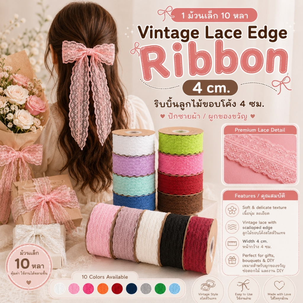 1 ม้วน【10 หลา】* Vintage Lace Edge Ribbon 4 cm. – ริบบิ้นลูกไม้ขอบโค้ง 4 ซม. ปักชายผ้า /ผูกของขวัญ/ผูกผม/ตกแต่ง [RBR-008]