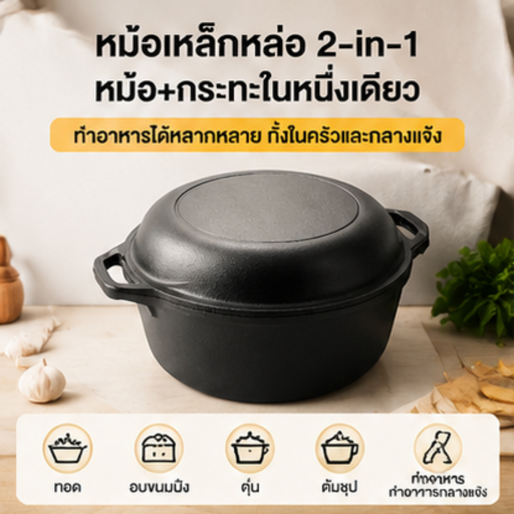 หม้อดัตช์โอเวนเหล็กหล่อ 2 in 1 ใช้เป็นทั้งหม้ออบและกระทะทอด สำหรับทำขนมปังและเบเกอรี่ระดับเชฟ