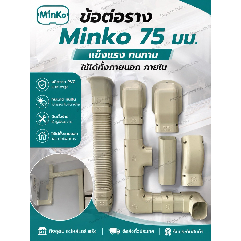ข้อต่อรางครอบท่อแอร์ ข้อต่อรางแอร์ MinKo 75 มม. PVC คุณภาพสูง ใช้ภายนอกและภายใน