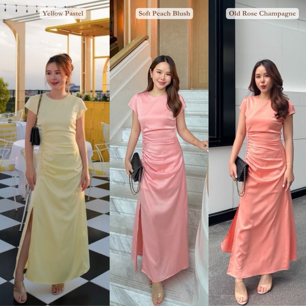 MyWay Brand : Emmelinn เดรสผ้าซาติน ชุดงานแต่ง เพื่อนเจ้าสาว ใส่ออกงาน โทนสีเหลืองพาสเทล