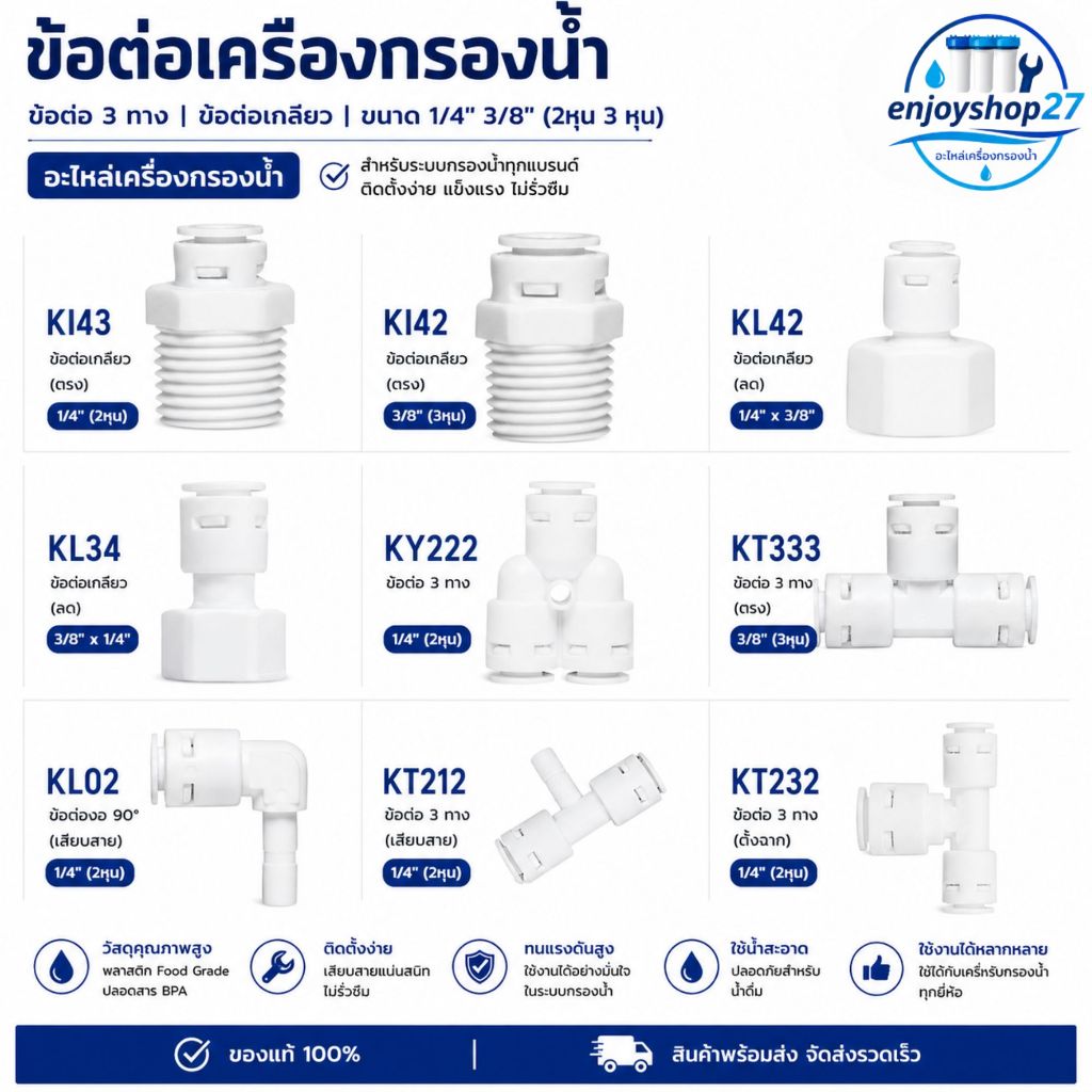 ข้อต่อเครื่องกรองน้ำ ข้อต่อ 3 ทาง ข้อต่อเกลียว ขนาด 1/4" 3/8" (2หุน 3 หุน) อะไหล่เครื่องกรองน้ำ