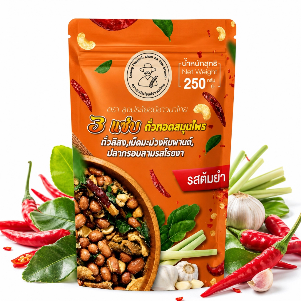 3 แซ่บ ถั่วทอดสมุนไพร รสต้มยำ ตราลุงประโยชน์ชาวนาไทย | ถั่วลิสง เม็ดมะม่วงหิมพานต์ ปลากรอบ | แซ่บเข้มข้น ต้มยำแท้ 250 g