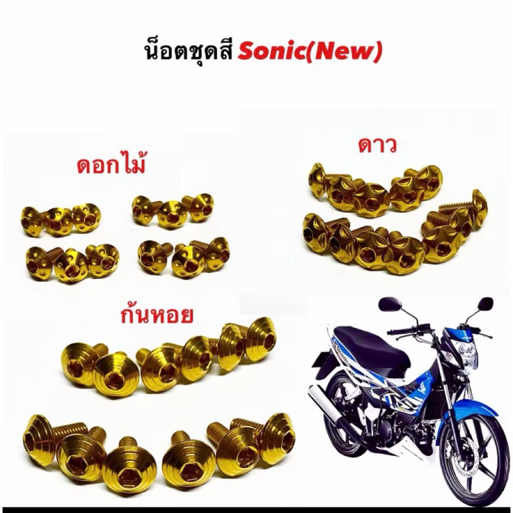 น็อตชุดสี new sonic 12 ตัว สแตนเลส100% สีทอง สำหรับมอเตอร์ไซค์