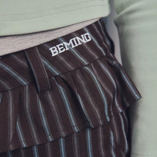 Bemingpants087(XS-4XL)-Lulaby Pants - กางเกงขายาวลายทางดีไซน์แต่งระบายเลเยอร์