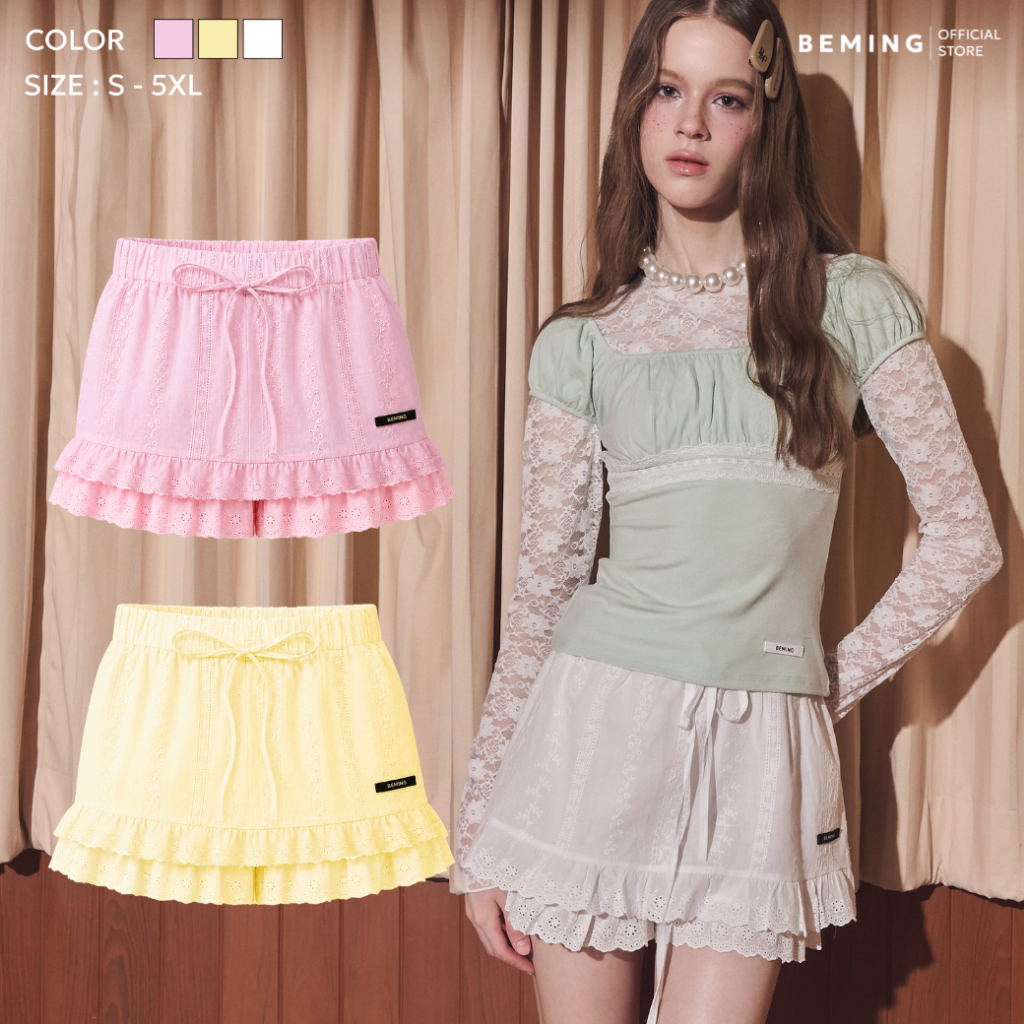 Bemingskirt095(S-5XL)-Pocy Skirt - กระโปรงกางเกงดีเทลระบายเลเยอร์แต่งผ้าฉลุ เอวสม็อคยืดใส่สบาย