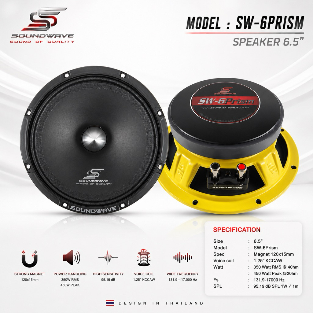 ลำโพง 6.5 นิ้ว SW-6Prism | SOUNDWAVE ดอกลำโพงรถยนต์ เสียงกลางใส โมแรง ประกอบไทย คุณภาพพรีเมียม | ดอกเสียงกลางรถยนต์