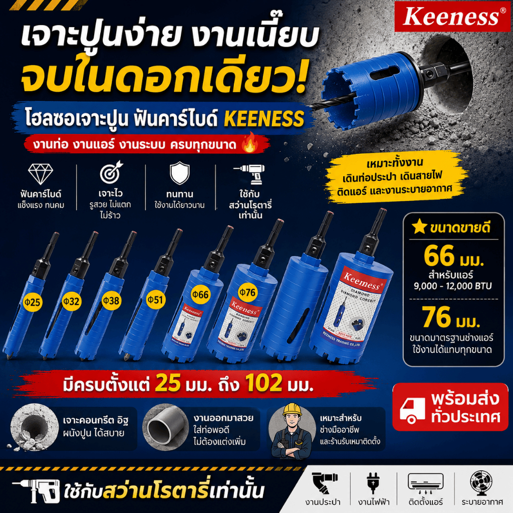Keenness โฮลซอเจาะปูน กระบอกเพชรเจาะคอนกรีต (ยาว 180มม.) 25-102มม. เจาะผนัง เจาะท่อแอร์ ท่อประปา เกรดพรีเมี่ยม