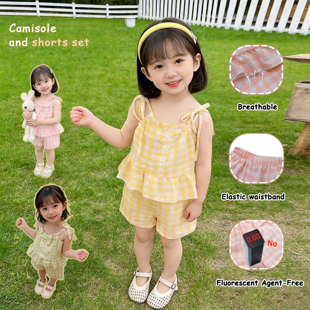 [พร้อมส่งในไทย] ชุดเซ็ตเด็กผู้หญิง ชุดเด็กผู้หญิงสายเดี่ยวลายสก็อต 2 ชิ้น เสื้อระบาย + กางเกงขาสั้น Summer Girl Set