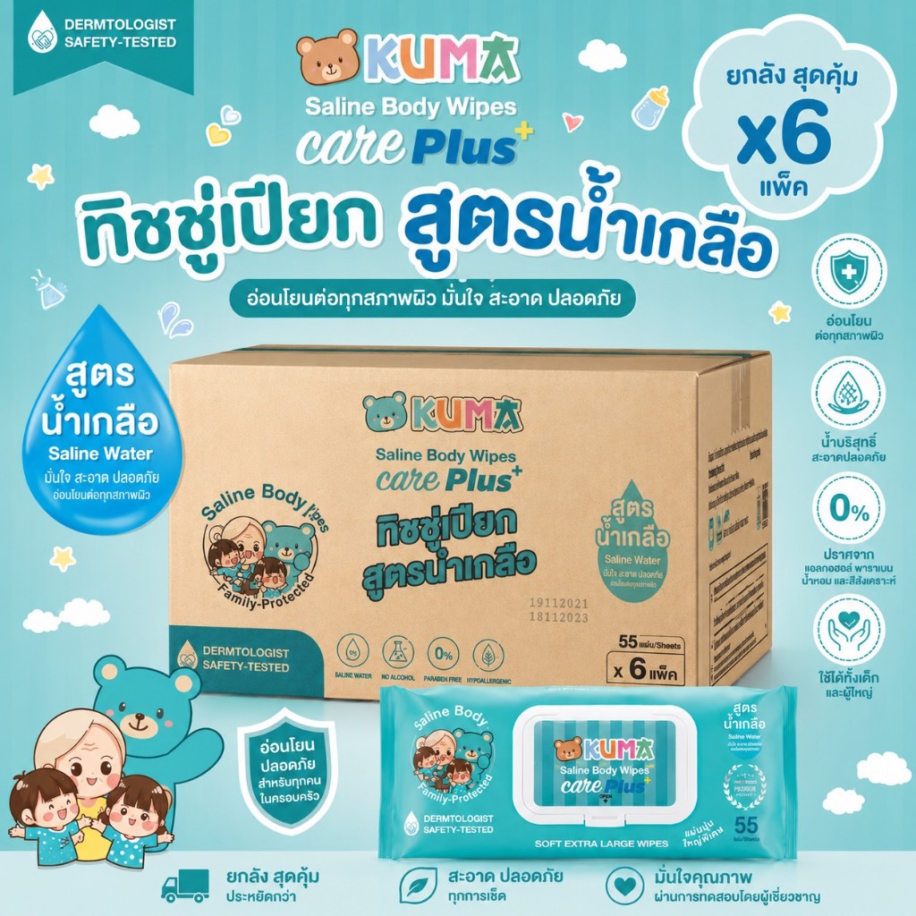 [ยกลัง] กระดาษทิชชู่เปียก KUMA Care Plus+ (สูตรน้ำเกลือ) 55 แผ่น (1ลัง มี6แพ็ค)