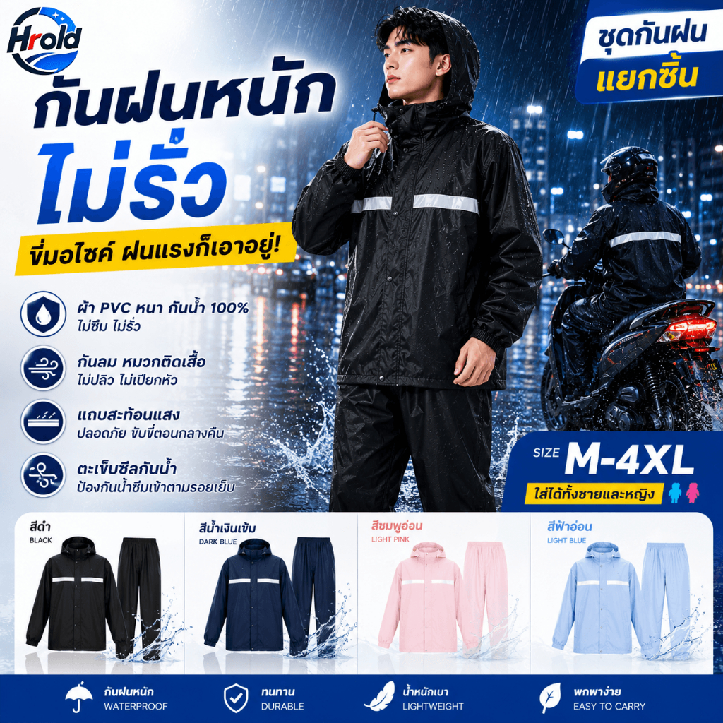 Hrold เสื้อกันฝน ชุดกันฝนแยกชิ้น กันน้ำ100% ขี่มอเตอร์ไซค์ได้ ไม่ซึม ไม่ร้อน ใส่สบาย มีแถบสะท้อนแสง
