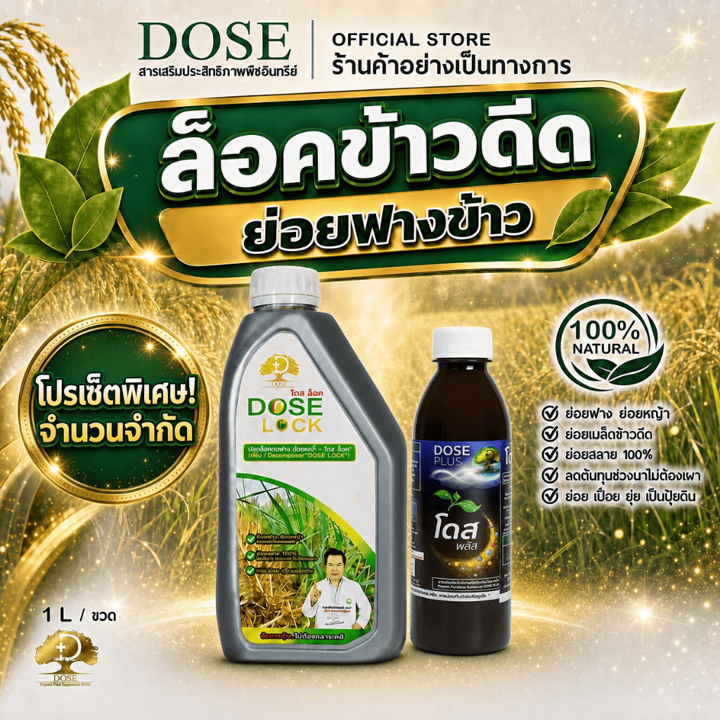 เซ็ตกำจัดข้าวดีด พร้อมบำรุงดิน โดสล็อค1 ขวด + โดสพลัส 1 ขวด ล็อคข้าวดีด ย้อยฟางข้าว พร้อมบำรุงดิน