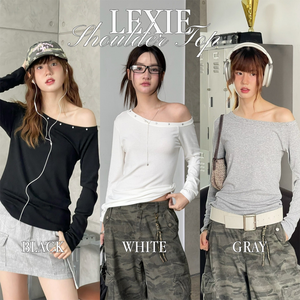 Choosedress A2034 Lexie Shoulder Top เสื้อปาดไหล่เเขนยาวปักหมุด