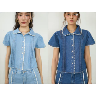 Sis story เสื้อยีนส์ แขนตุ๊กตา ปกคอบัว แต่งลูกไม้ Sis T17 Bluebell short sleeve lace top - Blue/Dark blue