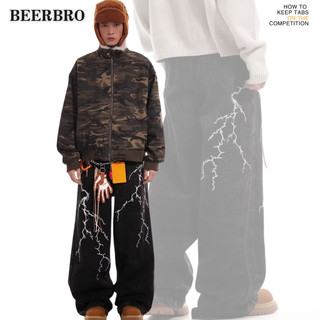 beerbroth-กางเกงยีนส์ผู้ชายสีดำ สไตล์วินเทจอเมริกัน ปักหนาม ฟอกสีสายฟ้า แบบหลวมขากว้าง พรางผอม