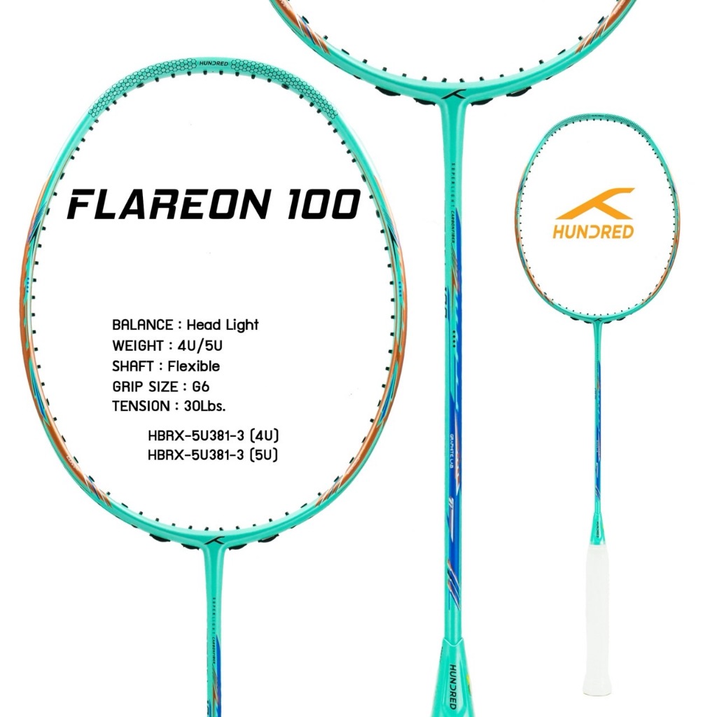 ไม้แบดมินตัน HUNDRED BADMINTON RACKET - FLAREON 100 HBRX-5U381-3 (4,5u) สีเขียว