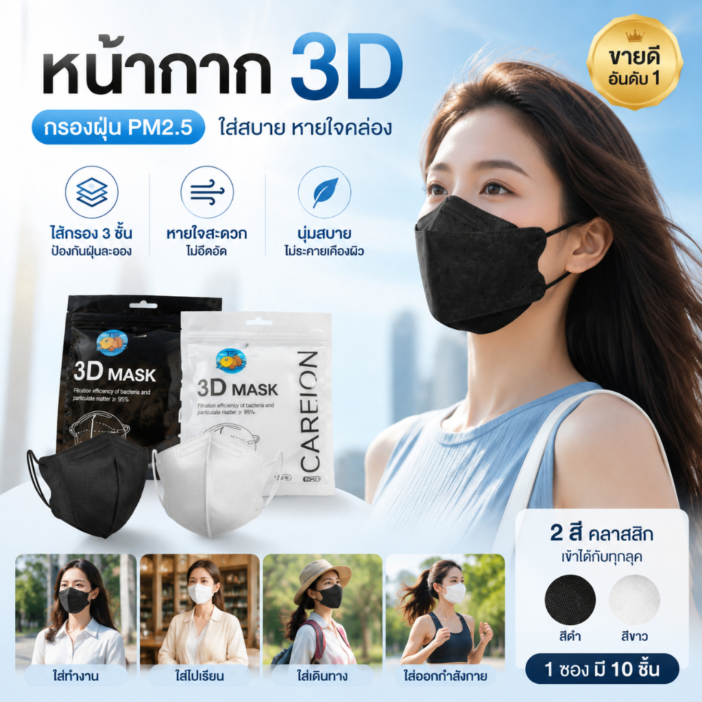 แมส KF94 แท้ ทรง 3D ญี่ปุ่น หน้าเรียว กันฝุ่น กันเชื้อโรค ใส่ไม่ร้อน ไม่หูเจ็บ 10 ชิ้น/ซอง ส่งในไทย