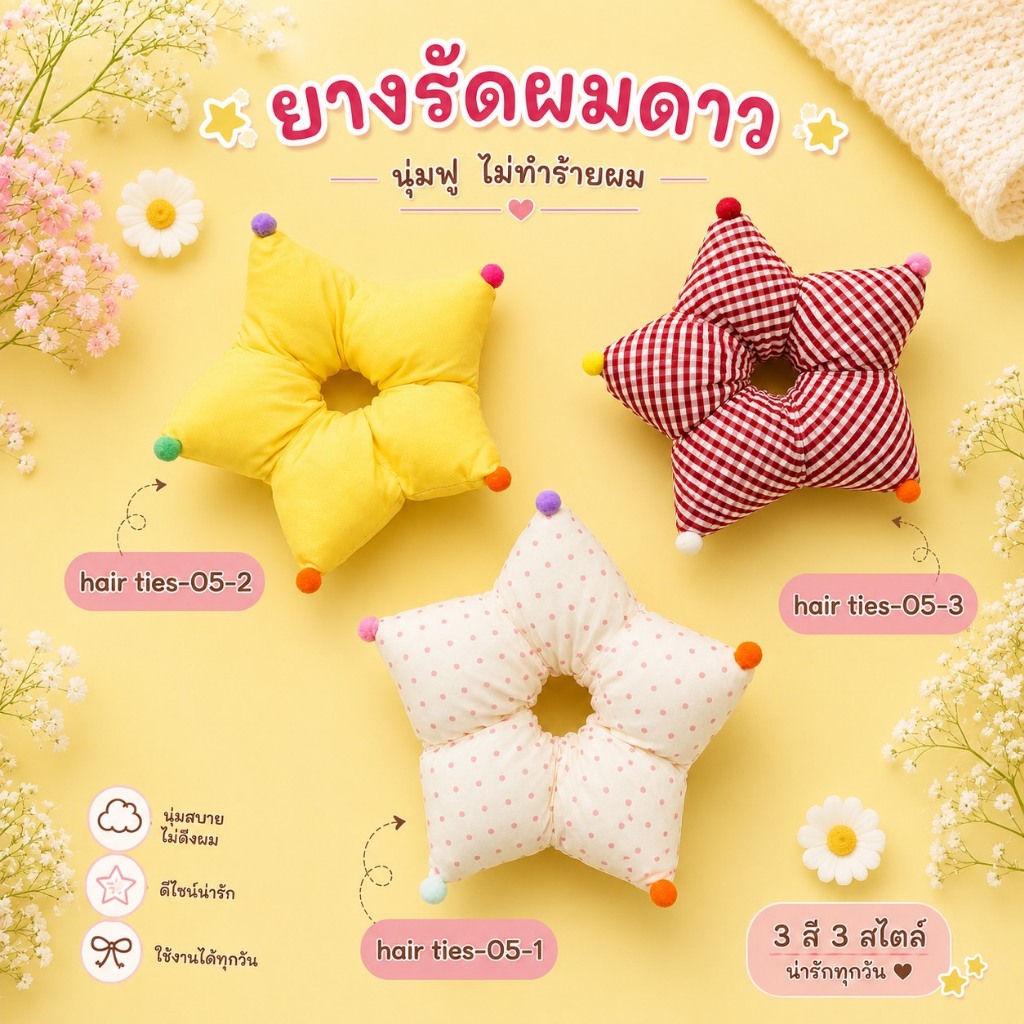 ยางมัดผมดาวปอมปอมหลากสี ดีไซน์น่ารักสดใส เพิ่มเสน่ห์ให้ทรงผมดูโดดเด่น