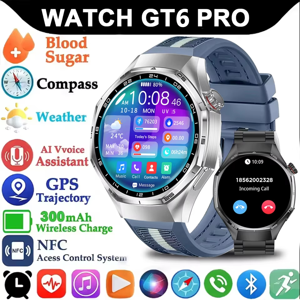 New Watch GT6 Smart Watch Men HD AMOLED Screen GPS Track Heart Rate Bluetooth Call Sports Fitness Al