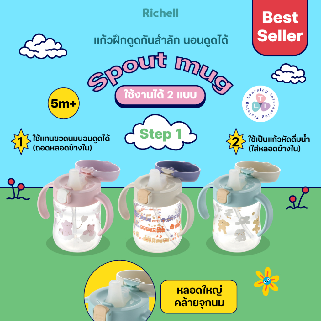 Richell(ริเชล) แก้วหัดดื่มกันสำลัก รุ่น TLI สเต็ป 1 ขนาด 200มล. หลอดกันสำลัก นอนดูดได้ Spout Cup