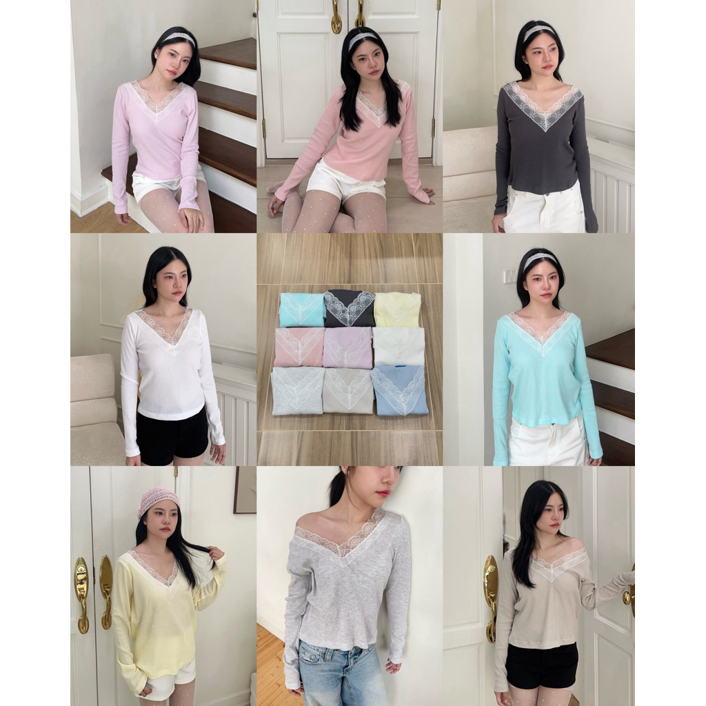 (XL มาแล้วว🪽🫧)HASU64 Vera top เสื้อคอวีแขนยาวแต่งลูกไม้ (happysummer.bkk)