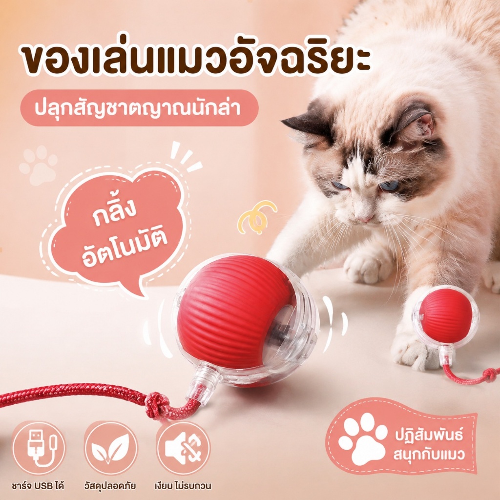 พร้อมส่ง ของเล่นแมวลูกบอลแมวอัติโนมัติ ของเล่นแมวโต้ตอบลูกบอลไฟฟ้าอัจฉริยะโนมัติของเล่นสําหรับแมว