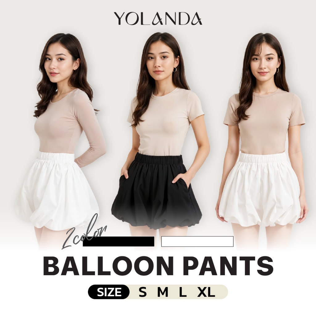Yolanda กางเกงบอลลูน สไตล์คุณหนู เอวยางยืด กางเกงขาสั้นแฟชั่น  สไตล์เกาหลี ใส่สบายย กางเกงขาสั้นผู้หญิง ขาสั้น FF1104