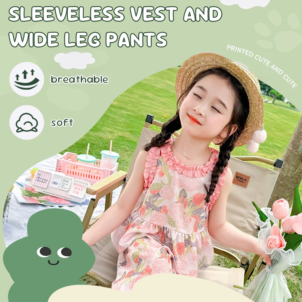 [พร้อมส่งในไทย] 🌸ชุดเด็กสาว 2ชิ้น เสื้อไม่มีแขน+กางเกงขาสั้น ลายดอกไม้ ผ้าเบาๆ ระบายอากาศดี เหมาะฤดูร้อน