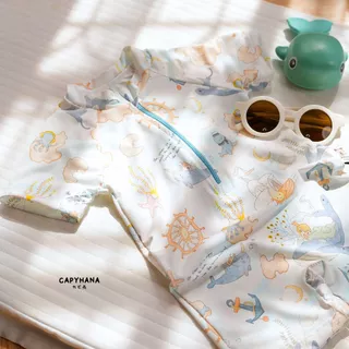 CAPYHANA ชุดว่ายน้ำเด็กทารก Summer ชุดเที่ยวทะเล ชุดว่ายน้ำเด็กลายทะเล พร้อมหมวก (ชุดว่ายน้ำทะเล)