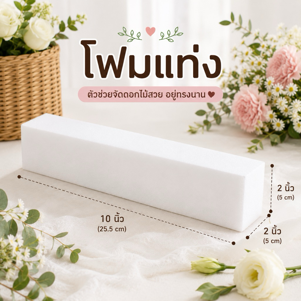 “โฟมแท่ง“สำหรับปักดอกไม้ จำนวน 10 แท่ง มีขนาด (2*2*10 นิ้ว) และ (2*2*8 นิ้ว) ช่วยจัดทรงดอกไม้ ให้สวยงาม ทรงสวย