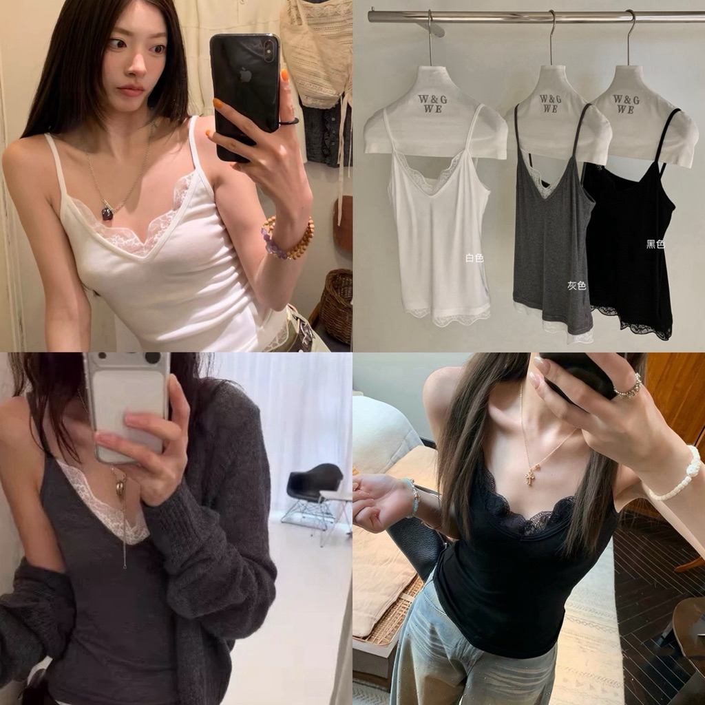 9437# สายเดี่ยวลูกไม้คอวี หวาน ซ่อนเปรี้ยวในตัวเดียว! ดีเทลแต่งขอบลูกไม้ฉลุสุดละมุนทั้งช่วงคอและชายเสื้อ