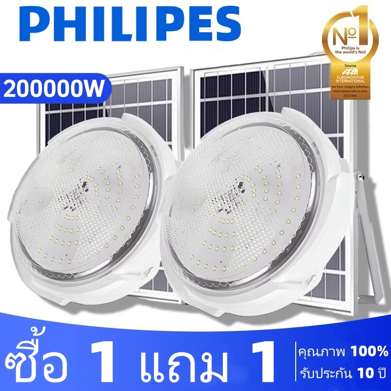【ซื้อ 1 แถม 1】200000W ไฟโซล่าเซลล โคมไฟเพดาน Solar Light แสงวอร์ม/ไฟสีขาว สว่างอัตโนมัติเมื่อฟ้ามืด ชาร์จไฟอัตโนม