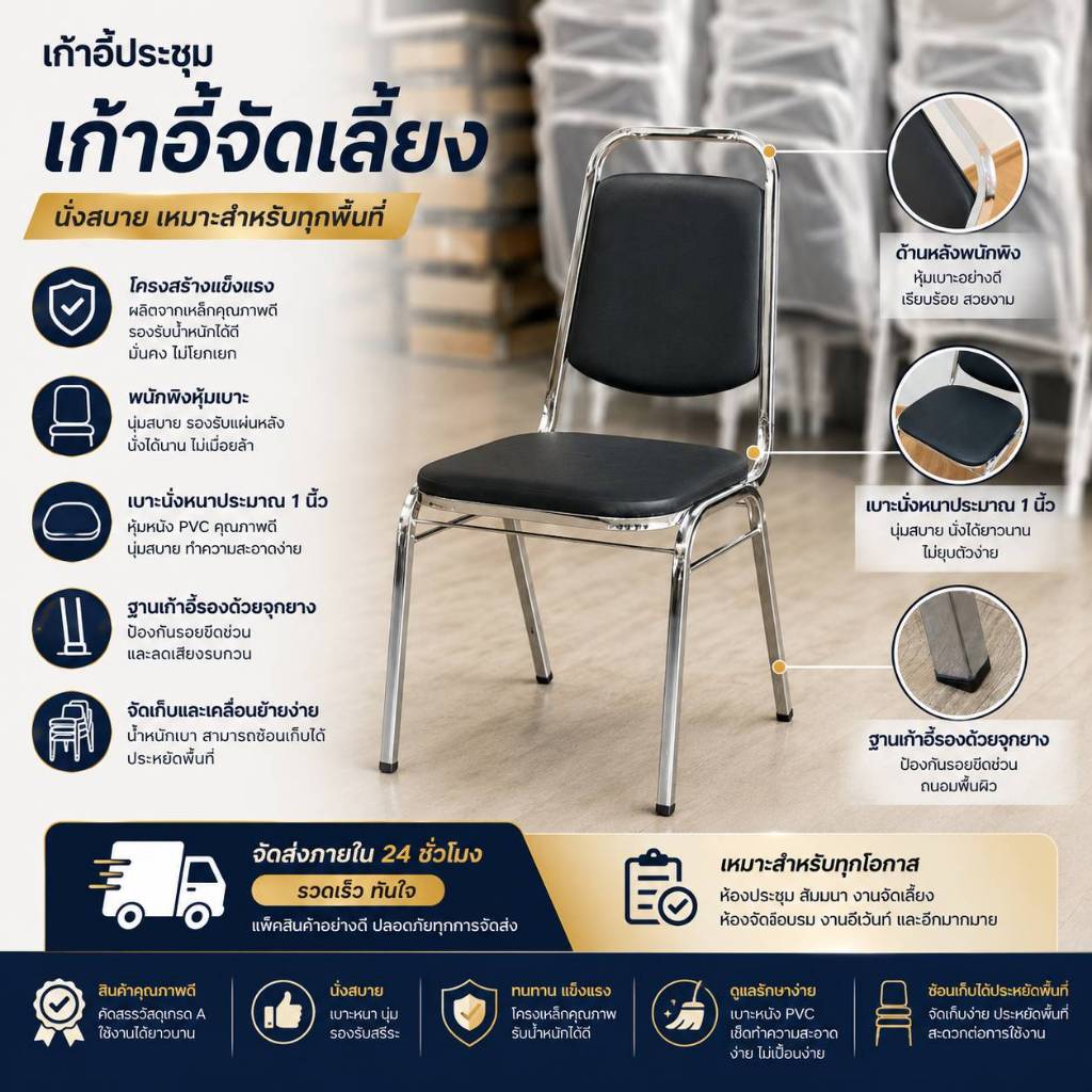 เก้าอี้สัมมนา(เก้าอี้จัดเลี้ยง)สีดำหนังหนาออกใบกำกับได้ขาธรรมดาราคาโรงงานขนาด43*48*87Cm.