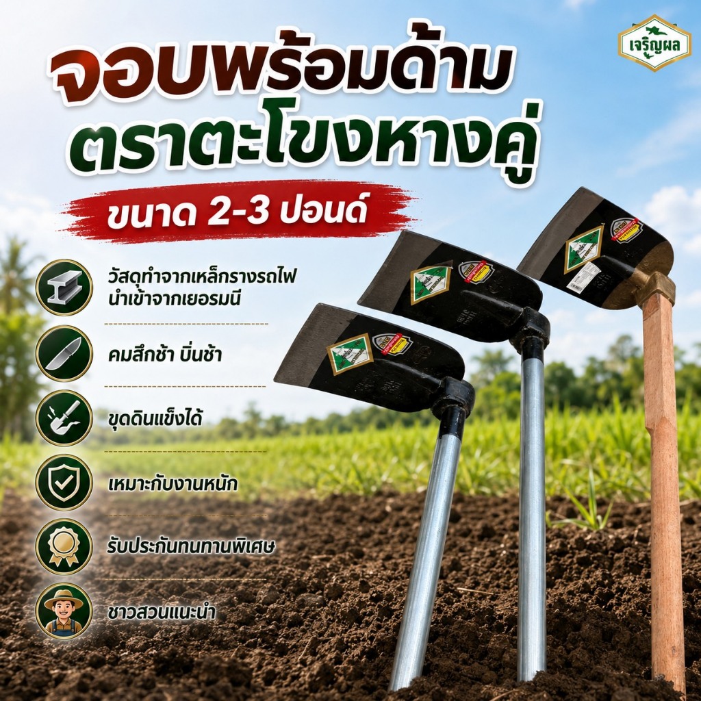 จอบ จอบขุดดิน ตราจระเข้ พร้อมด้ามไม้ เนื้อไม้แข็งอย่างดี จอบ