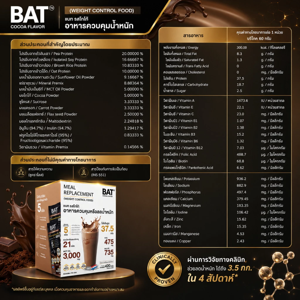 BAT™ ทดแทนมื้ออาหาร ( 1กล่อง/14 ซอง) สำหรับควบคุมหรือลดน้ำหนัก ลดหิว อยู่ท้อง โปรตีนสูง ไม่มีน้ำตาล thumbnail 9