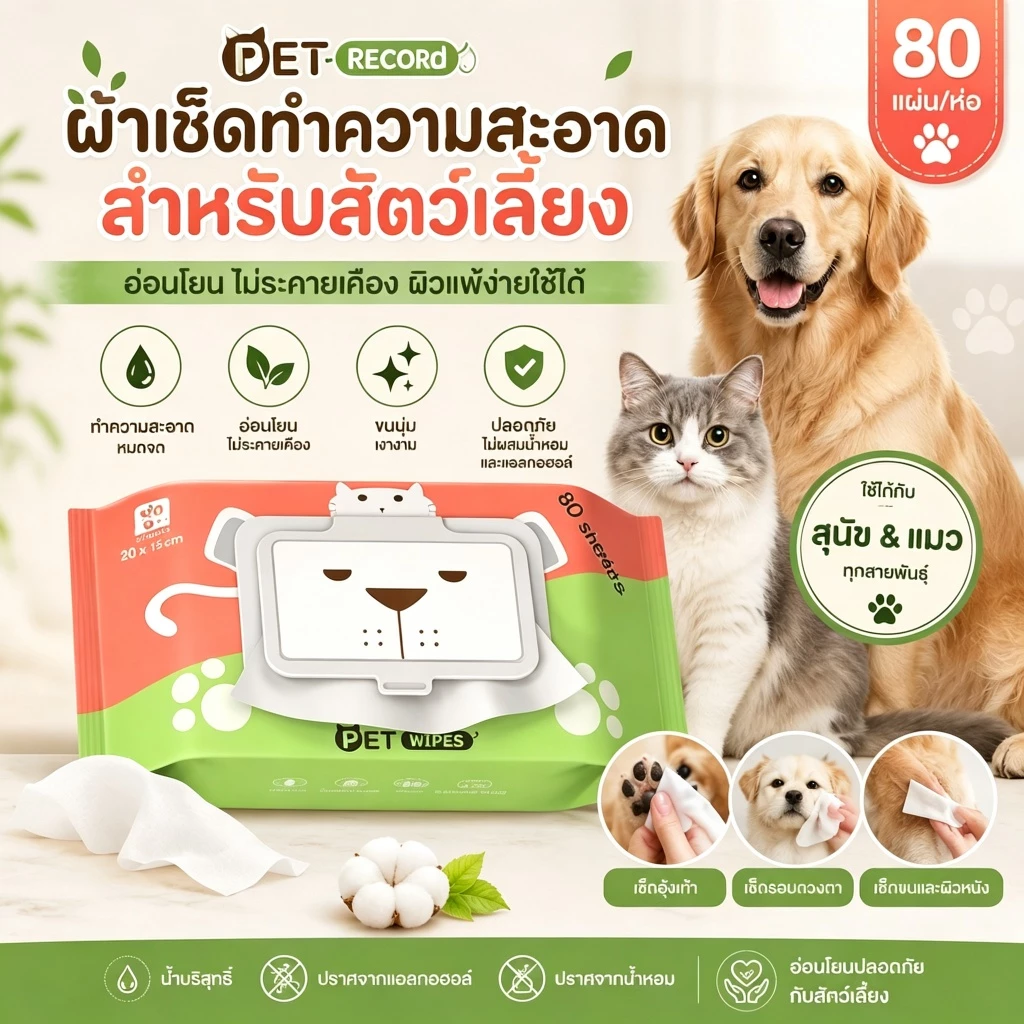 Pet Record ทิชชู่เปียกสัตว์เลี้ยง 80 แผ่น ไม่มีแอลกอฮอล์ thumbnail 3