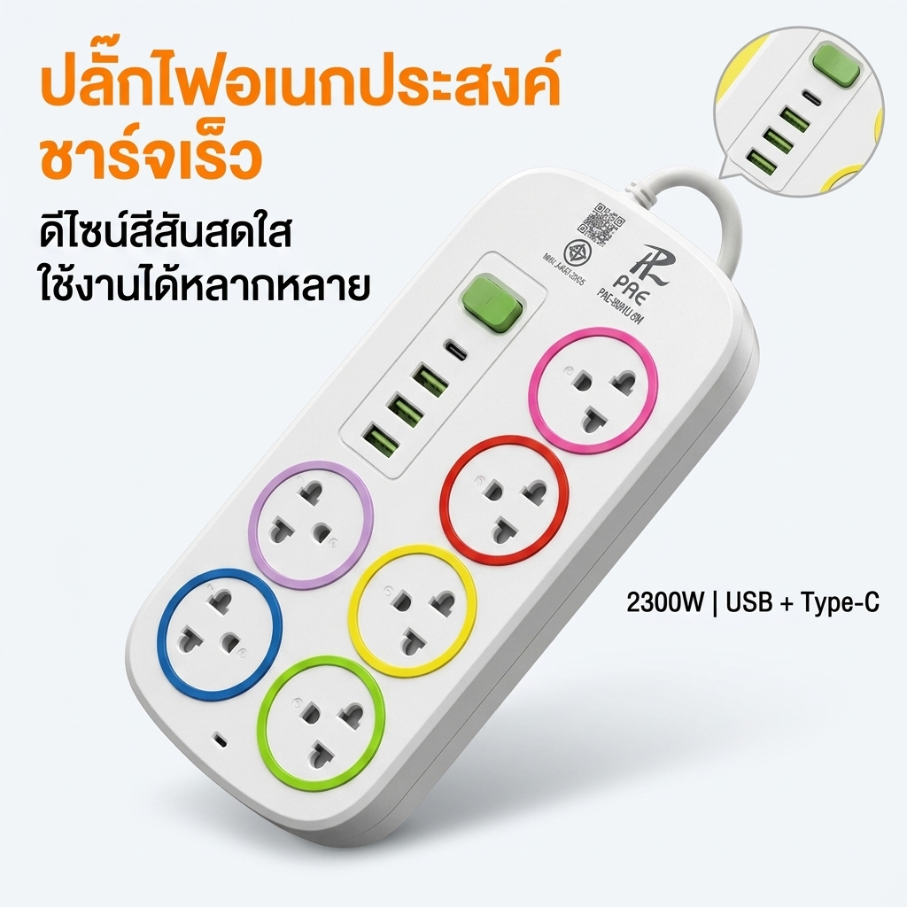 รางปลั๊กไฟ ปลั๊กพ่วง มี USB 4 ช่อง + Type-C 1 ช่อง มีเบรกเกอร์ ปลอดภัย 2300W