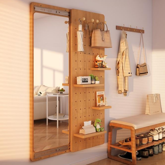 กระจกติดผนัง ซ่อนปิดได้ นำมา Pegboard DIY กระดานหลุมสำหรับบ้าน/ที่ทางเข้า  กระจกกันระเบิด สไลด์พร้อมที่วางของกระจกเต็มตั