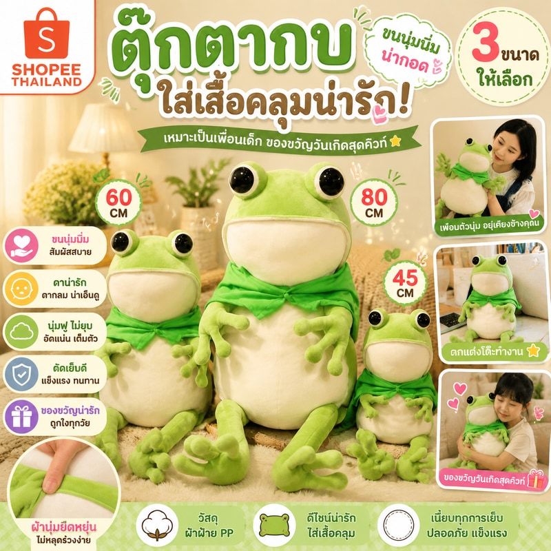 ตุ๊กตาขนนุ่ม ตุ๊กตากบ ตุ๊กตากบใส่เสื้อคลุมน่ารัก! ขนนุ่มนิ่ม น่ากอด เหมาะเป็นเพื่อนเด็ก ของขวัญวันเกิดสุดคิวท์