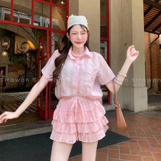 💰Mahahengcloset💰กระโปรงแต่งระบาย 3 ชั้น ผ้าสลาฟอัดดอก เอวยางยืดแต่งเชือกหวานละมุน สไตล์ลูกคุณ💕