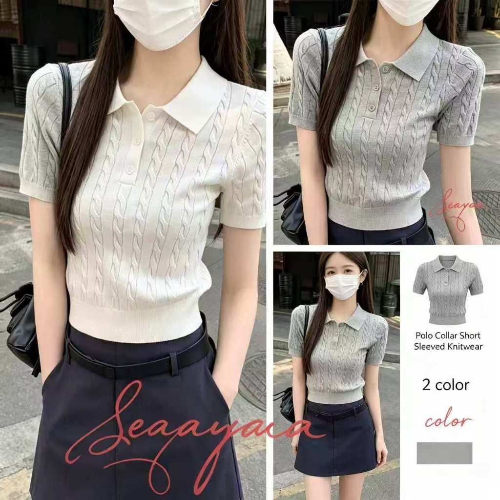 💕【SY】เสื้อถักปกโปโลแขนสั้น ลายบิด สีพื้น ทรงสั้นเข้ารูป เนื้อบางเบา ใส่แล้วเย็น เหมาะกับอากาศร้อน