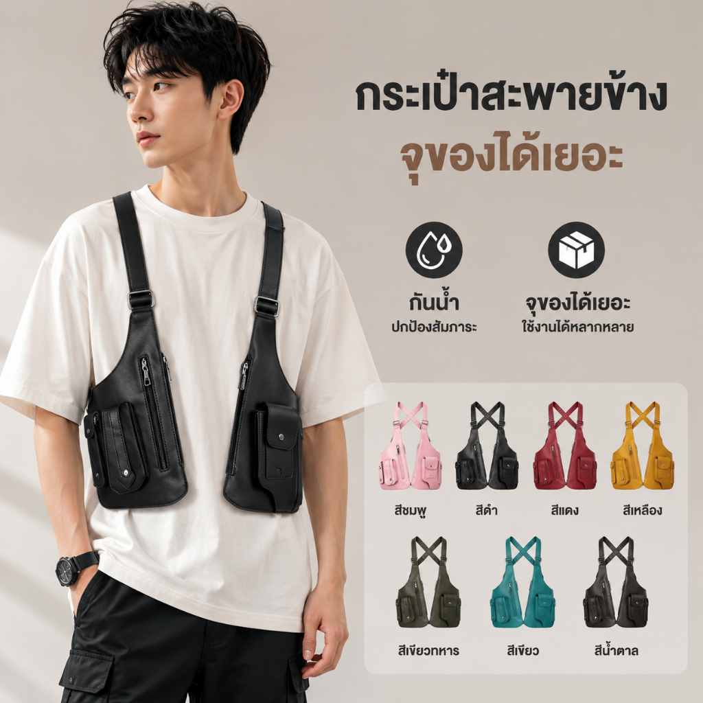 กระเป๋าคาดอก กระเป๋าสะพายข้าง 2 ใบหน้า กันน้ำ ทนทาน หนังเทียม ใส่โทรศัพท์ ใส่เงิน ไปเที่ยว ไปทำงาน