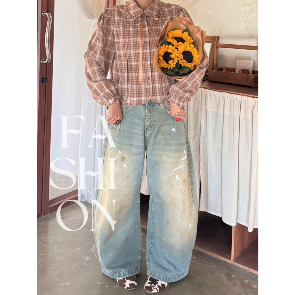 กางเกงยีนส์ขายาว ทรงบอลลูนเฟดสีสนิมแต่งเพ้นท์สี Ballloon Jeans #6229