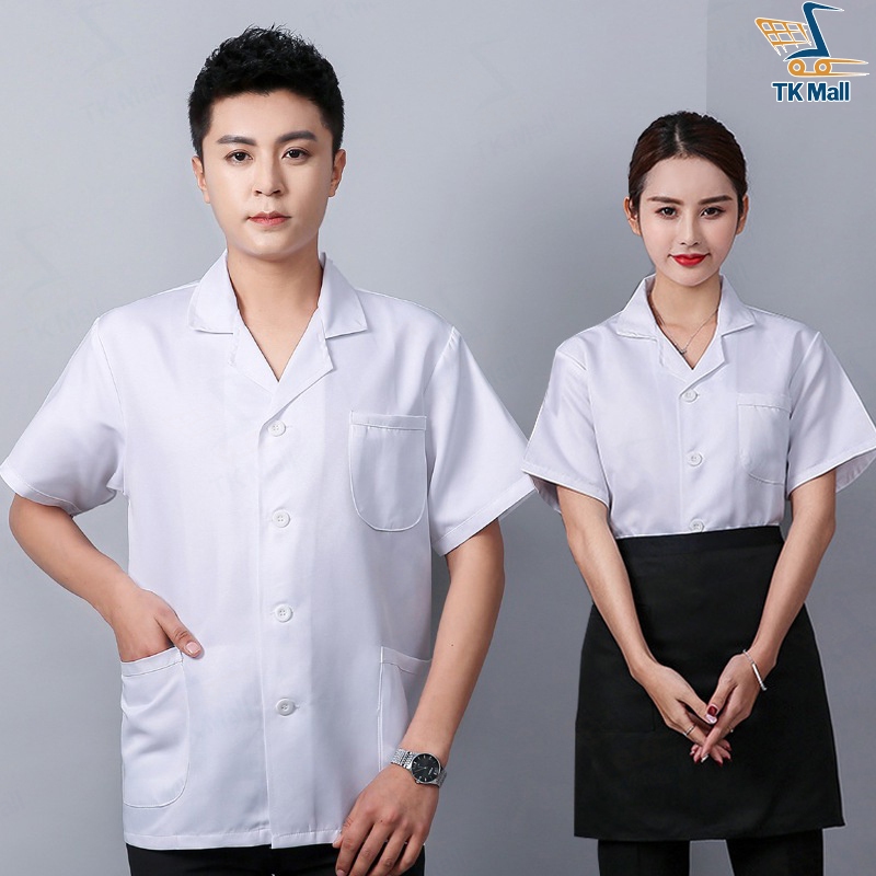 (M-3XL) เสื้อกาวน์ ยูนิฟอร์ม เภสัช สาธารณสุข แขนสั้น คอปก สีขาว #1485