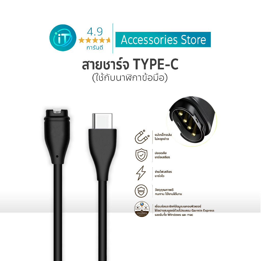 สายชาร์จ ทดแทน Type-C for Forerunner 165 245  945 VivoActive 6 Fenix 6 7Xs Epix 5 5S 5X Instinct/Vivoactive 3