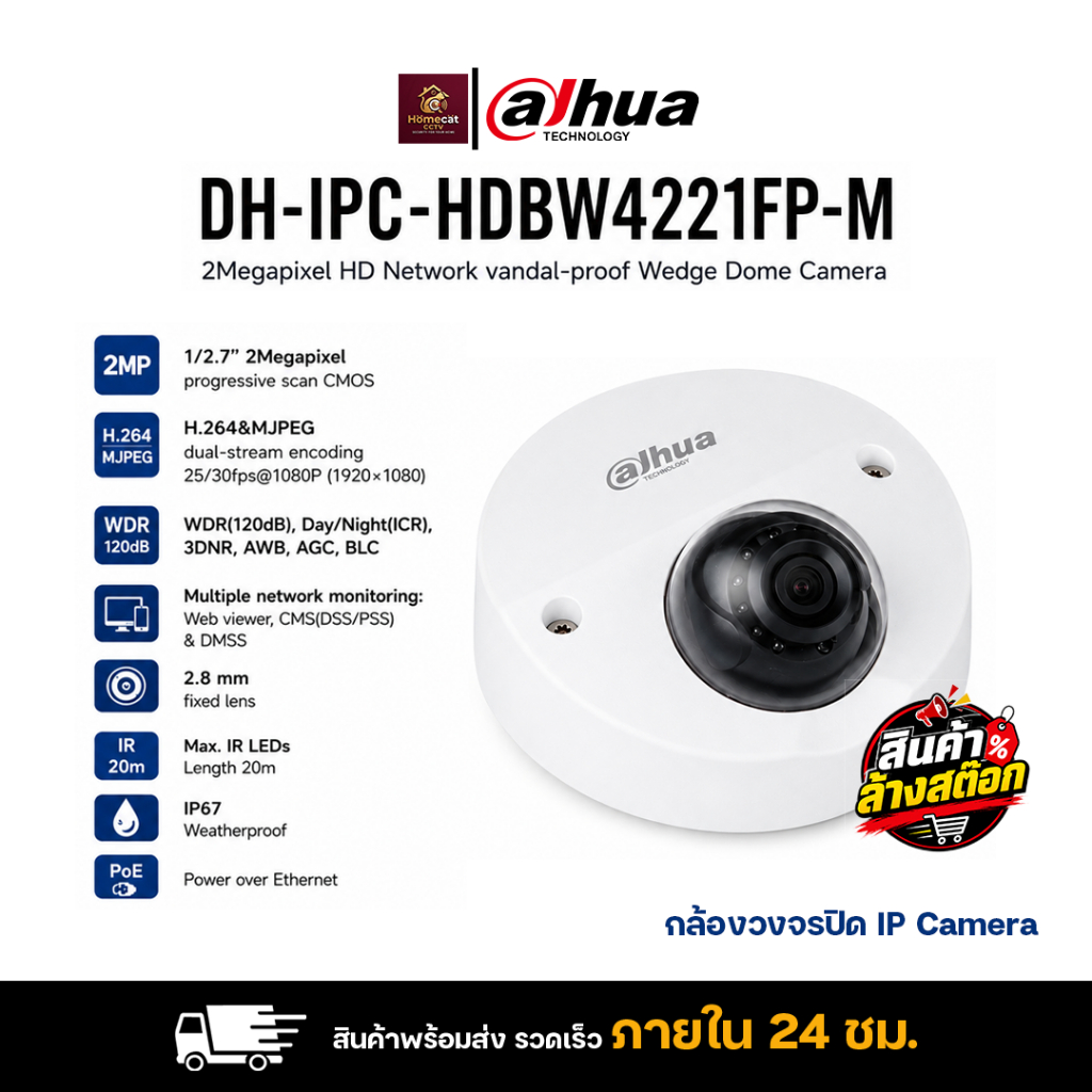 Dahua รุ่น DH-IPC-HDBW4221FP-M กล้องวงจรปิด IP Camera ภาพ 2 ล้าน HD Network Vandal-proof wedge dome
