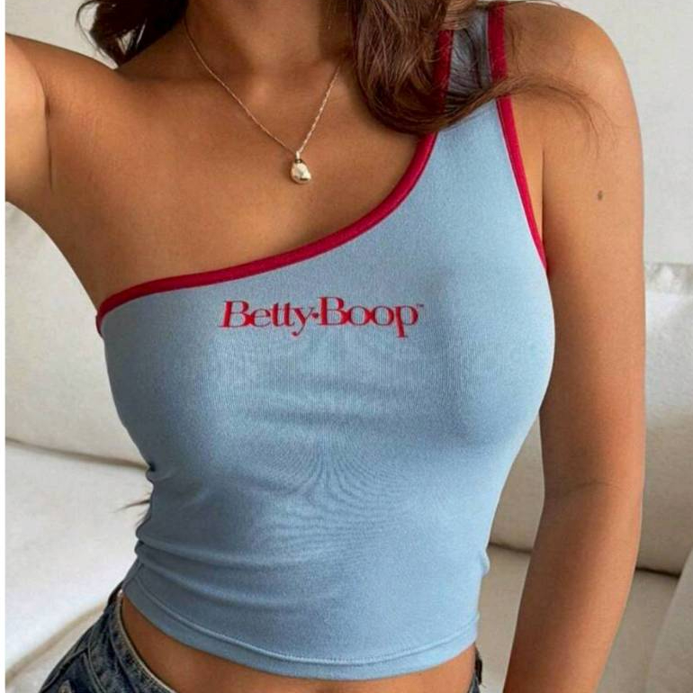 Crop TC2640 เสื้อครอป สั้น ไหล่เดียว แต่งตะเข็บสี