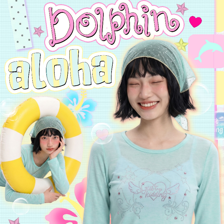 Just Kidding Goods - Dolphin Aloha Sheer long sleeve เสื้อแขนยาวผ้าบางสีฟ้าน้ำทะเลลายโลมา ซัมเมอร์ น่ารัก