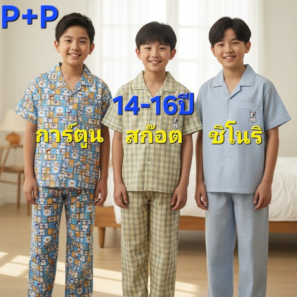 P+P Size 14-16ปี ชุดนอนเด็กโต หรือ ผู้ใหญ่ตัวเล็ก แขนสั้น-ขายาว ผ้าชิโนริ ผ้าลายสก๊อต