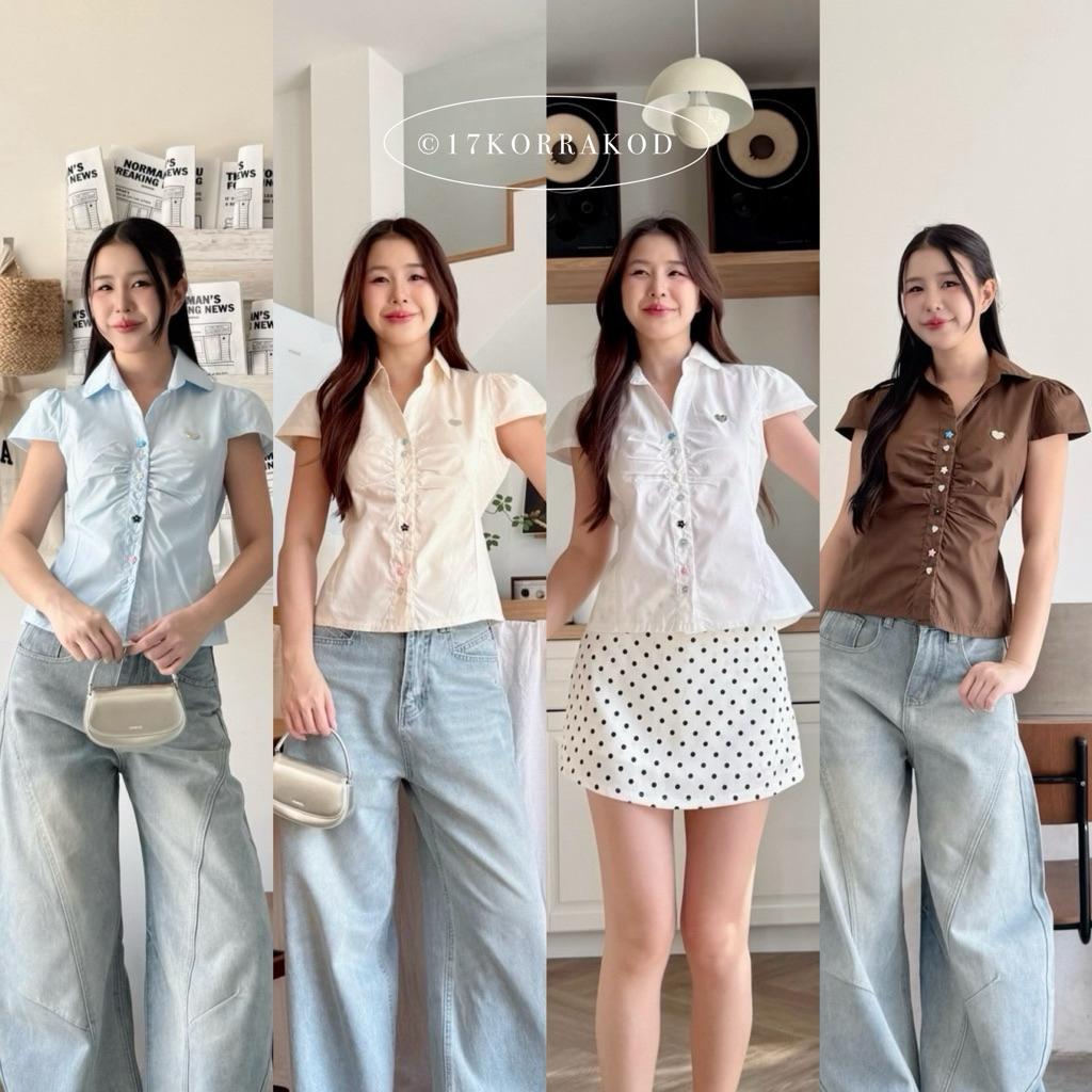 🌻เสื้อเชิ้ตคอปกแขนสั้นคอวี ทรงจีบอกผ้าคอตตอน มีสายผูกปรับด้านหลัง ทรงสวย เข้ารูป (Cookies bear)