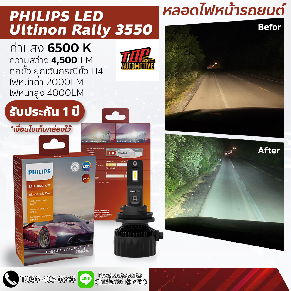 หลอดไฟหน้ารถยนต์ Philips Ultinon Rally 3550 HL-LED กำลังไฟ 50W ค่าแสง 6500K (ของแท้ พร้อมส่ง)